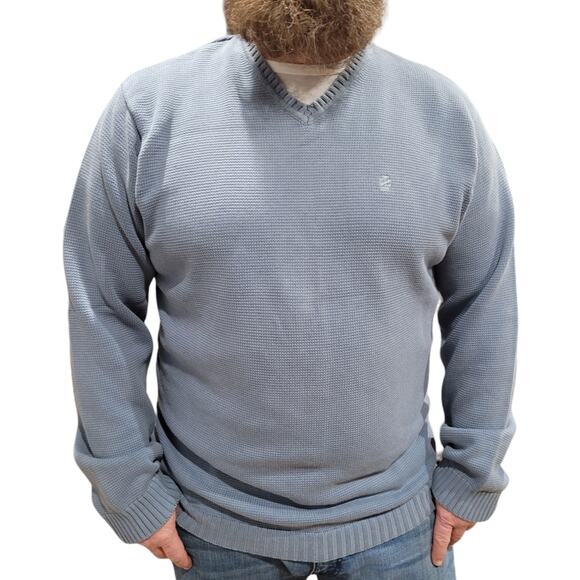Izod Men’s XL Cornflower Blue Cotton V-Neck Logo Knit Sweater Grandpa Style - Picture 1 of 8
